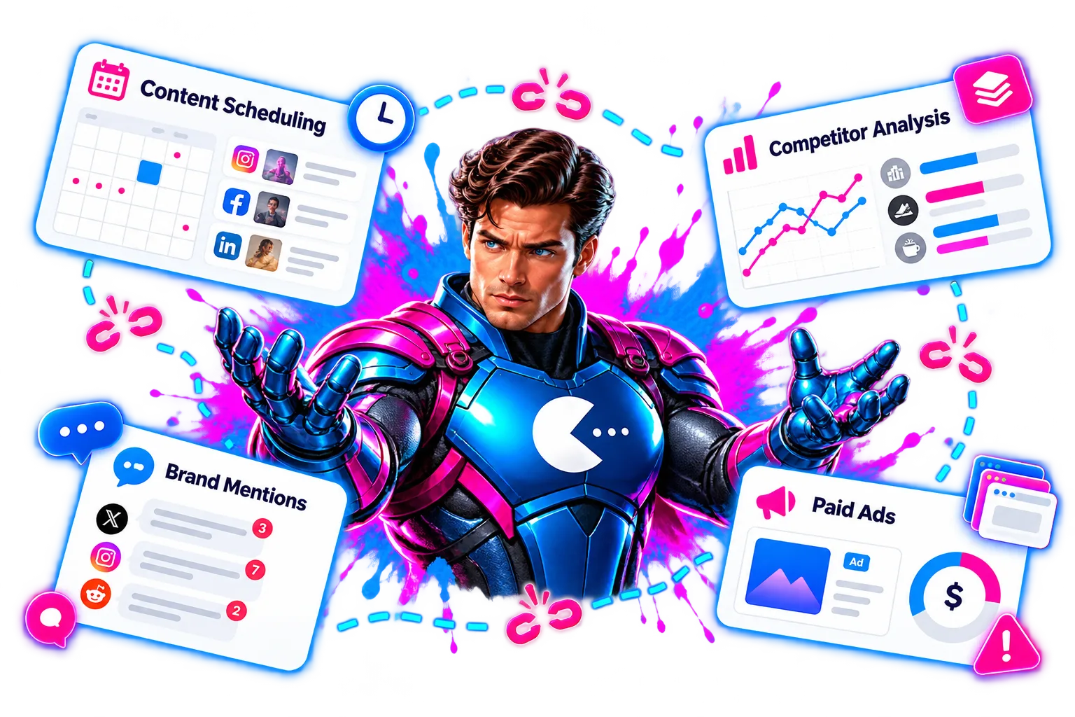 Disconnected tools for scheduling, competitor analysis, brand mentions, and paid ads
