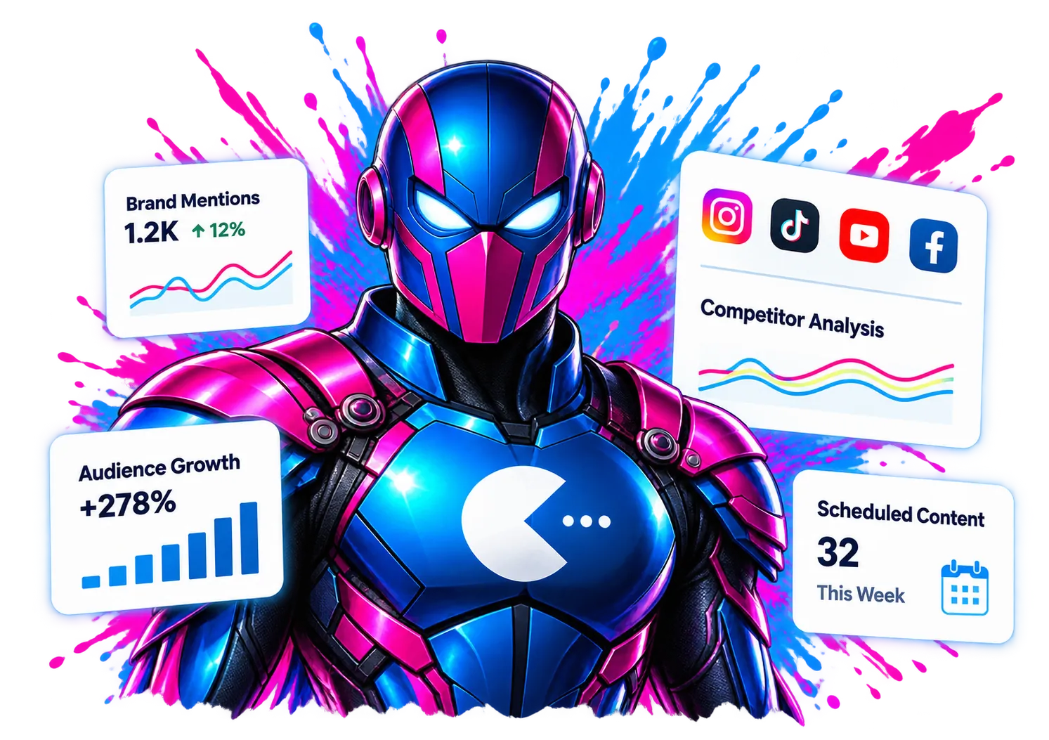 Helmeted hero with floating analytics cards